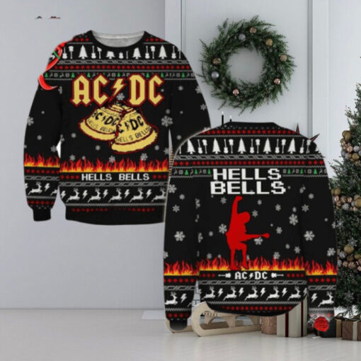 ACDC Angus Young Hells Bells With Flames And Reindeer Pattern Classic Gift For Fans Christmas Ugly Sweater