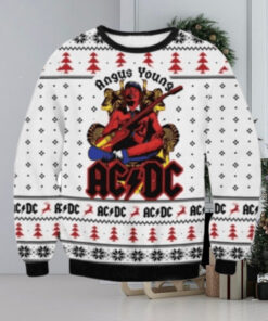 ACDC Angus Young In Throne With Snowflakes Pattern Classic Knitted White Christmas Ugly Sweater