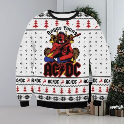 ACDC Angus Young In Throne With Snowflakes Pattern Classic Knitted White Christmas Ugly Sweater