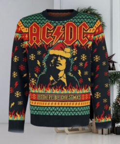 ACDC Angus Young Let There Be Christmas Thunder And Snowflakes Pattern 2024 Ugly Christmas Sweater