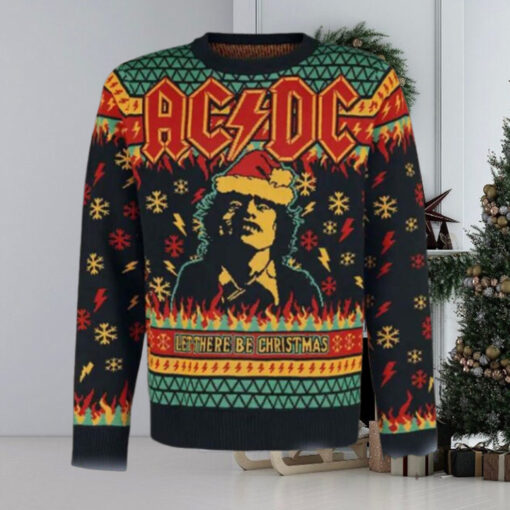 ACDC Angus Young Let There Be Christmas Thunder And Snowflakes Pattern 2024 Ugly Christmas Sweater