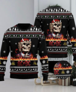 ACDC Angus Young Skeleton Holiday Style In Flame 2024 Christmas Ugly Sweater