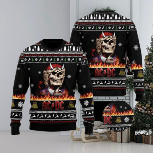 ACDC Angus Young Skeleton Holiday Style In Flame 2024 Christmas Ugly Sweater