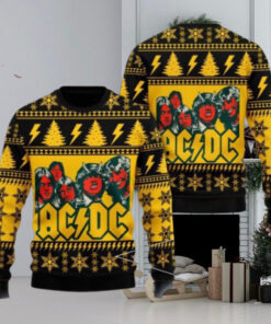 ACDC Band Funny Graphics Snowflakes And Thunder Pattern Knitted Yellow Ugly Christmas Sweater