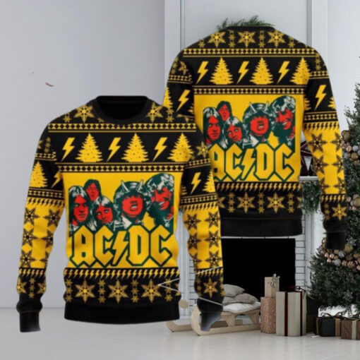 ACDC Band Funny Graphics Snowflakes And Thunder Pattern Knitted Yellow Ugly Christmas Sweater