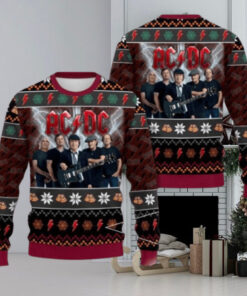 ACDC Band Members Photo Snowflakes And Thunder Logo Pattern Knitted Ugly Christmas Sweater