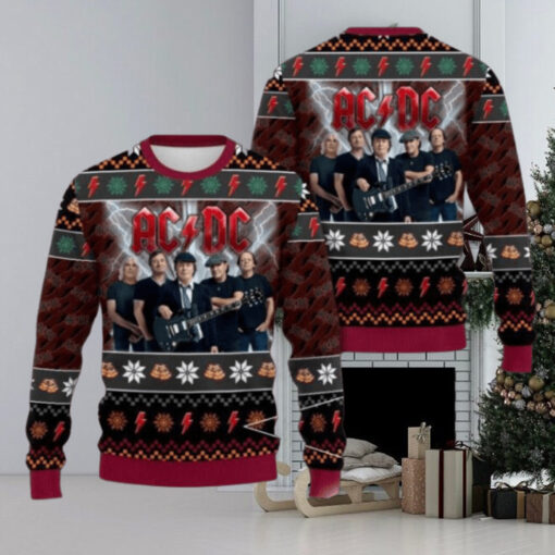 ACDC Band Members Photo Snowflakes And Thunder Logo Pattern Knitted Ugly Christmas Sweater