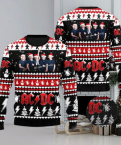 ACDC Band Members Photo With Santa Hats Holiday 2024 Ugly Christmas Sweater