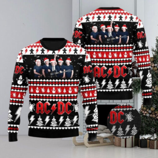 ACDC Band Members Photo With Santa Hats Holiday 2024 Ugly Christmas Sweater