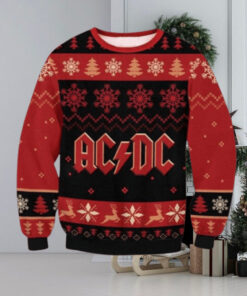 ACDC Classic Logo With Snowflakes And Reindeer Pattern Knitted Black And Red Ugly Christmas Sweater