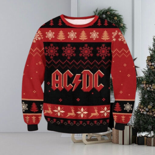 ACDC Classic Logo With Snowflakes And Reindeer Pattern Knitted Black And Red Ugly Christmas Sweater