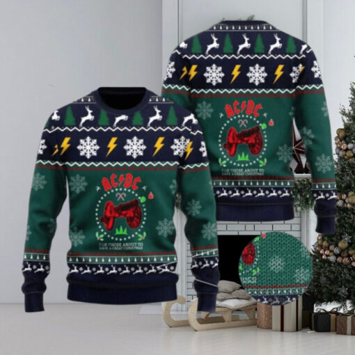 ACDC For Those To Have A Great Christmas Xmas Wreath Knitted Green Ugly Christmas Sweater