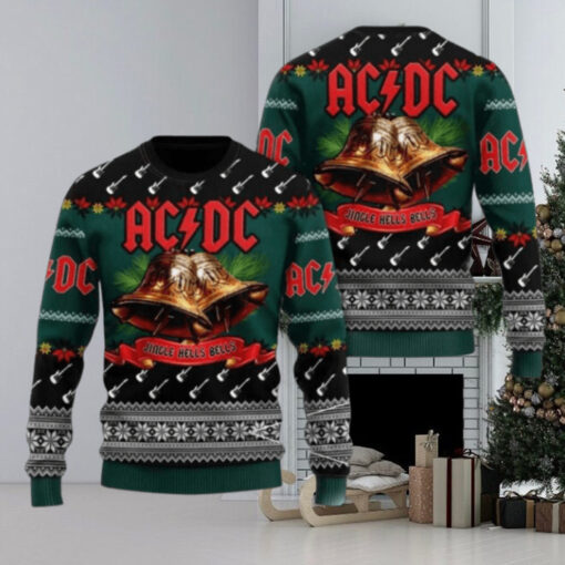 ACDC Jingle Hells Bells With Signature Bells Art Electric Guitar Pattern 2024 Ugly Christmas Sweater