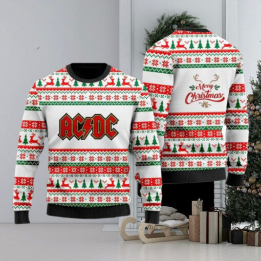 ACDC Merry Christmas Signature Holiday Pattern Knitted White Christmas Ugly Sweater