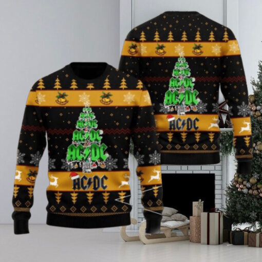 ACDC Signature Logo Christmas Tree Black And Gold Knitted Ugly Christmas Sweater