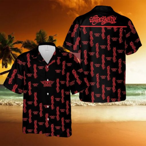 Aerosmith Music Band Logo Hawaiian Shirt Thunder And Guitar Black Red For Fans Gift Holidays