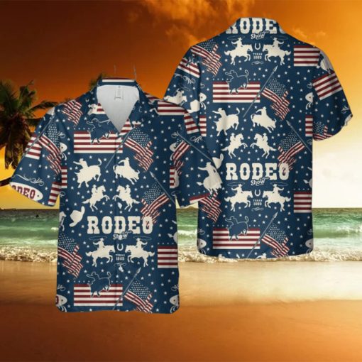 American Rodeo With Cowboys Riding Bulls And Horse Riders USA Flags Hawaiian Shirt