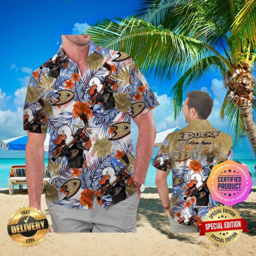 Anaheim Ducks America Flag Tropical Floral Aloha Hawaiian Shirt, Beach Shorts Custom Name For Men Women