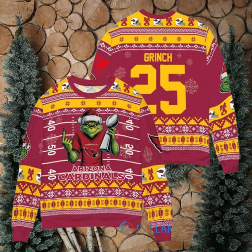 Arizona Cardinals x Grinch Christmas Dr. Seuss How the Grinch Stole Christmas with Super Bowl Trophy Custom Ugly Christmas Sweater