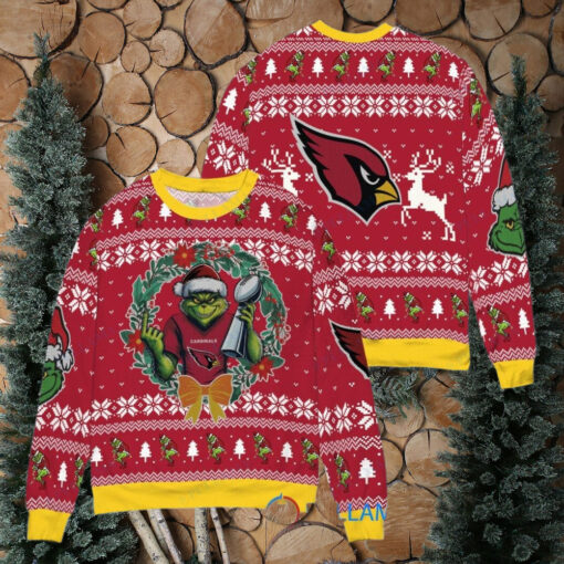 Arizona Cardinals x Grinch NFL Dr. Seuss How the Grinch Stole Christmas with Super Bowl Trophy Ugly Christmas Sweater Red