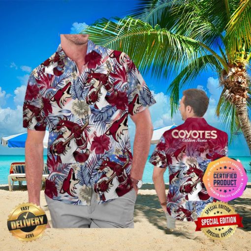 Arizona Coyotes America Flag Tropical Floral Aloha Hawaiian Shirt, Beach Shorts Custom Name For Men Women