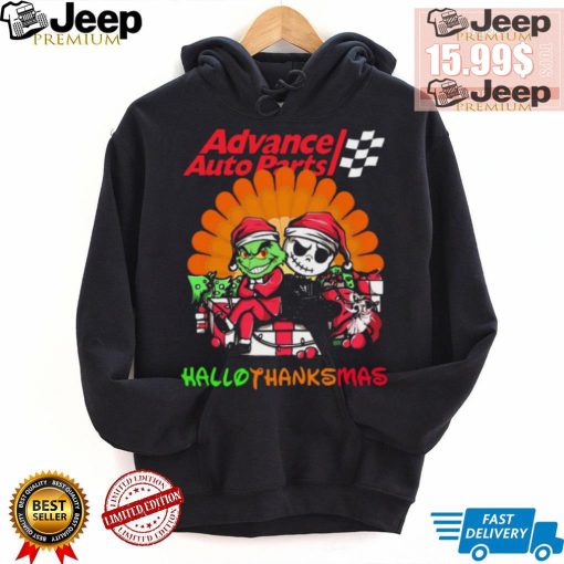 Baby Grinch and Jack Skellington Advance Auto Parts logo Hallothanksmas 2024 shirt