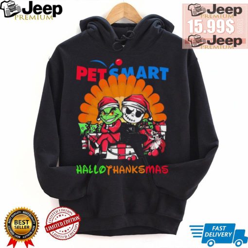 Baby Grinch and Jack Skellington PetSmart logo Hallothanksmas 2024 shirt