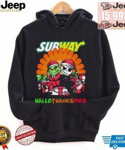 Baby Grinch and Jack Skellington Subway logo Hallothanksmas 2024 shirt