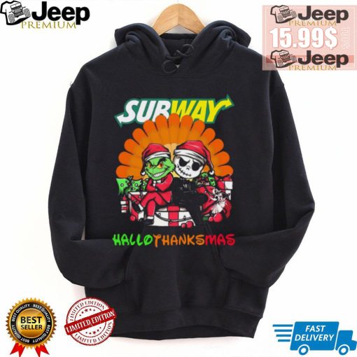 Baby Grinch and Jack Skellington Subway logo Hallothanksmas 2024 shirt