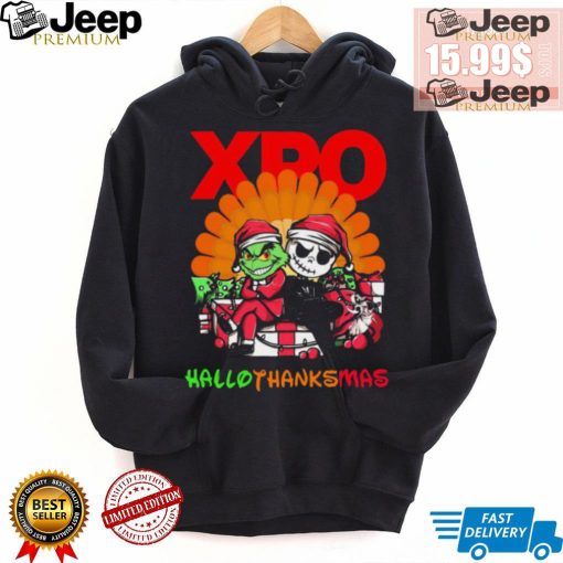 Baby Grinch and Jack Skellington XPO logo Hallothanksmas 2024 shirt