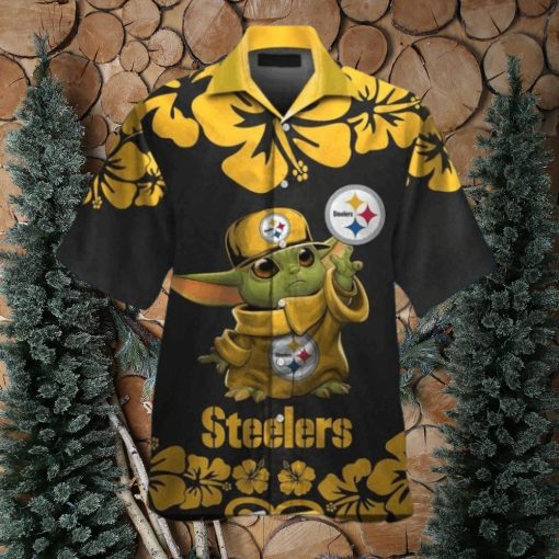 Baby Yoda Button Up Pittsburg Steelers Tropical Hawaiian Shirt