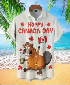 Beaver With Beer Happy Canada Day Short Sleeve Hawaiian Shirt