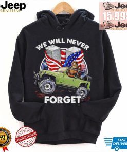 Bigfoot riding Jeep we will never forget American flag shirt