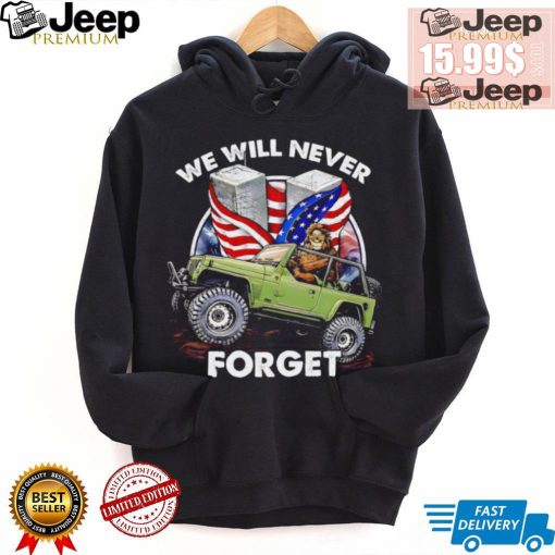 Bigfoot riding Jeep we will never forget American flag shirt