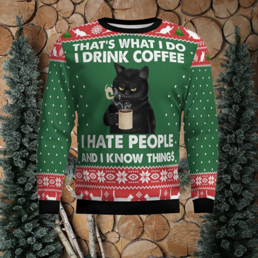 Black Cat Drink Coffee Ugly Christmas Sweater