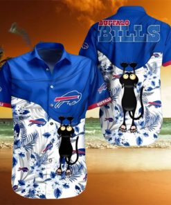 Black Cat Tropical Floral Buffalo Bills Hawaiian Shirt