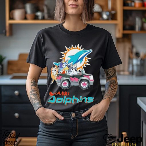 Bluey Bingo and Muffin in the car Miami Dolphins NFL 2024 shirt