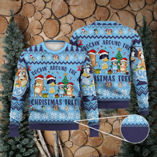 Bluey Ugly Christmas Full Print Sweater, Bluey Rockin The Christmas Tree Sweater