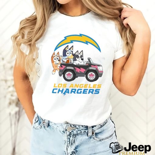 Bluey fun in the car with Los Angeles Chargers football shirt