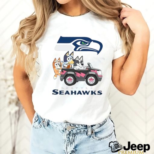 Bluey fun in the car with Seattle Seahawks football shirt