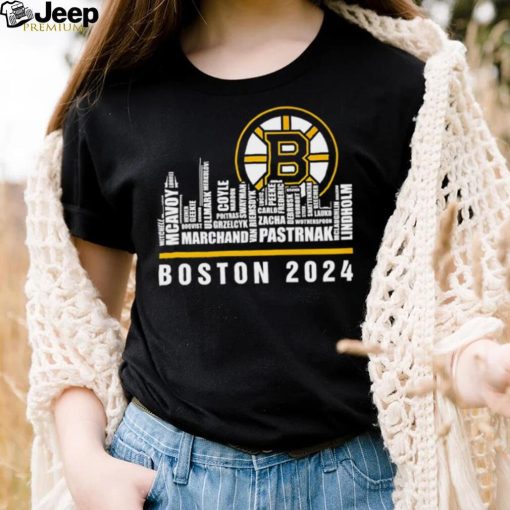 Boston Bruins ice hockey names player skyline logo 2024 shirt