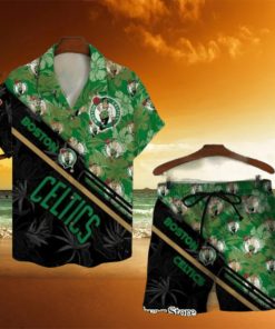 Boston Celtics Team Logo Pattern Basketball Black Hawaiian Set