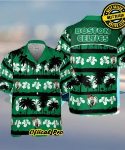 Boston Celtics White Hibiscus Flower On Green Background Print Hawaiian Shirt