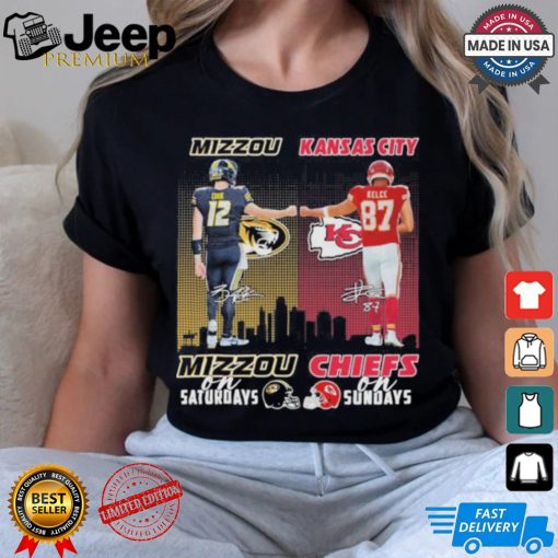 Brady Cook Mizzou Tigers On Saturdays and Travis Kelce Kansas City Chiefs On Sundays Signatures Shirt