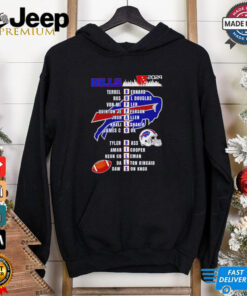 Buffalo Bills Bernard, Ul Douglas, Fler, Jefferson, Allen, Shakir, Cook, Bass, Cooper, Coleman 2024 shirt featuring a graphic design showcasing the key players of the 2024 Buffalo Bills roster with their names and jersey numbers, celebrating the team's strength and unity.