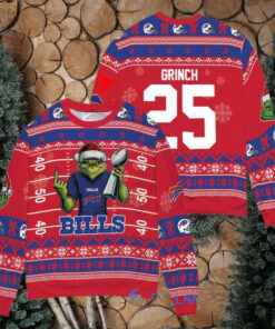 Buffalo Bills x Grinch Christmas Dr. Seuss How the Grinch Stole Christmas with Super Bowl Trophy Custom Ugly Christmas Sweater