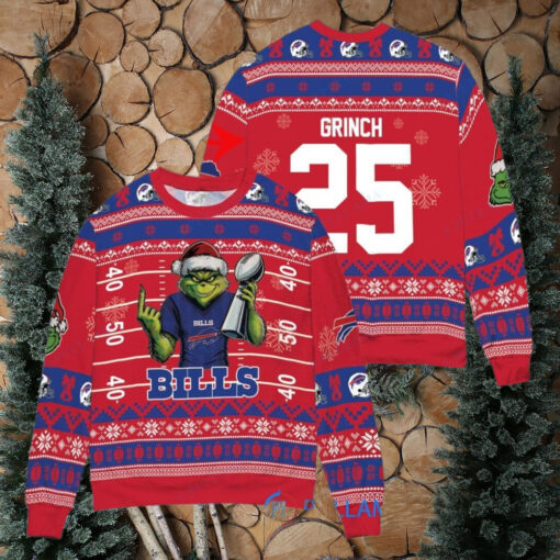 Buffalo Bills x Grinch Christmas Dr. Seuss How the Grinch Stole Christmas with Super Bowl Trophy Custom Ugly Christmas Sweater