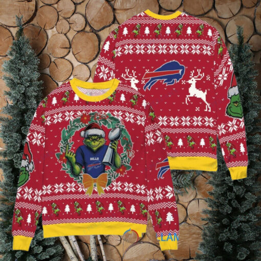 Buffalo Bills x Grinch NFL Dr. Seuss How the Grinch Stole Christmas with Super Bowl Trophy Ugly Christmas Sweater Red