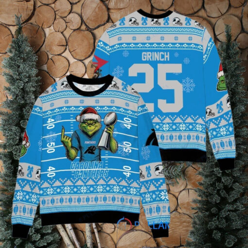 Carolina Panthers x Grinch Christmas Dr. Seuss How the Grinch Stole Christmas with Super Bowl Trophy Custom Ugly Christmas Sweater