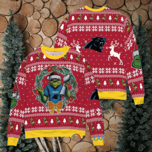 Carolina Panthers x Grinch NFL Dr. Seuss How the Grinch Stole Christmas with Super Bowl Trophy Ugly Christmas Sweater Red